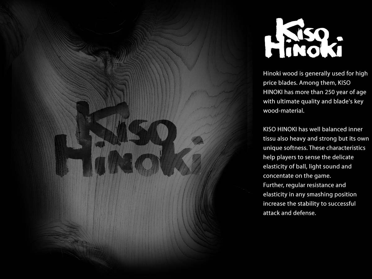 Hinoki wood is generally used for high price blades. Among them, KISO HINOKI has more than 250 year of age with ultimate quality and blade's key wood-material.
KISO HINOKI has well balanced inner tissu also heavy and strong but its own unique softness. These characteristics help players to sense the delicate elasticity of ball, light sound and concentate on the game.
Further, regular resistance and elasticity in any smashing position increase the stability to successful attack and defense.